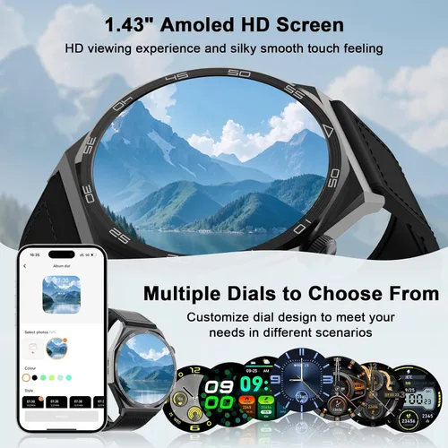 Vista 4 de AOC Smartwatch Fitness Sports Watch 1.43 AMOLED HD pantalla táctil, AI GPT, llamada Bluetooth, asistente de voz, monitoreo de frecuencia cardíaca