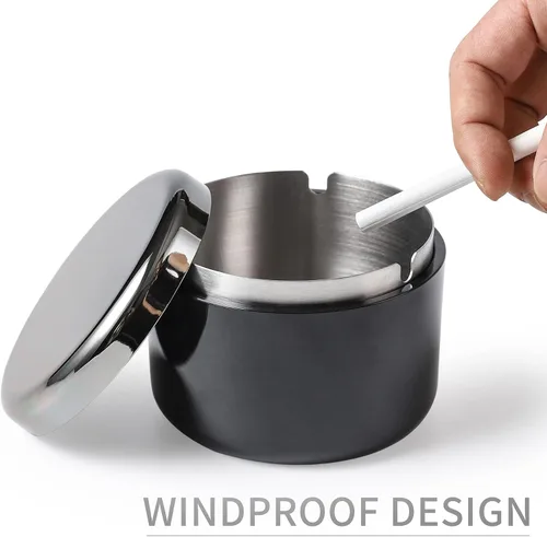 Vista 3 de Cenicero sin humo con tapa para fumadores, revestimiento de acero inoxidable, resistente al viento, duradero, fácil de limpiar, ceniceros frescos