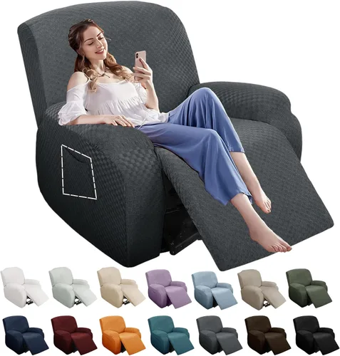 Vista 43 de YEMYHOM Funda elástica de 4 piezas para silla reclinable de jacquard con bolsillo lateral, antideslizante, ajustable, protector de muebles con parte
