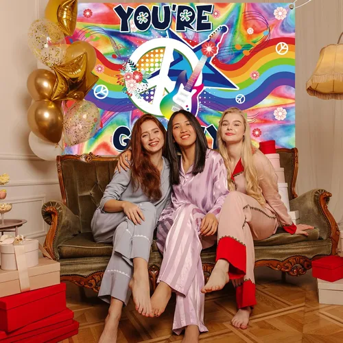 Vista 5 de You're Groovy - Telones de fondo para fotografía de fiesta de los años 60, decoración de pared, fondos para fotos, arco iris, tema hippie