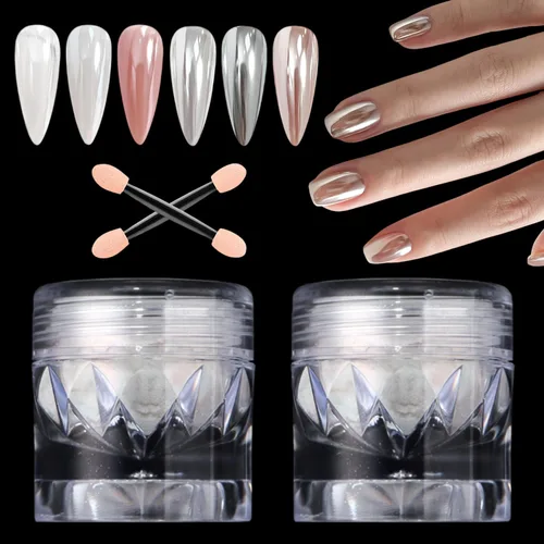 Vista 10 de 2 piezas de polvo de uñas cromo blanco lunar, polvo de brillo de uñas efecto espejo perlado mágico, pigmento cromo perla para decoración de uñas 2
