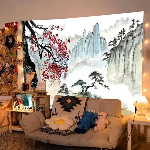 Vista 4 de Bcsewcg Tapiz de arte de pared de anime de flor de cerezo para dormitorio y sala de estar decoración del hogar