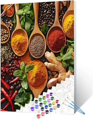 Vista 12 de Variedad de especias y hierbas, kits de pintura por números con pinceles, condimentos de cocina, pintura al óleo acrílica para adultos y niños