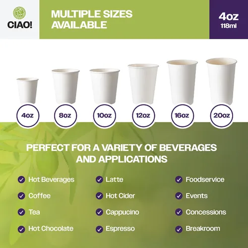Vista 5 de CIAO! Taza de papel blanco desechable de 4 onzas, 63 mm de diámetro, 2,000