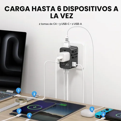Vista 3 de Adaptador de viaje universal GaN de 70 W, 4 USB C/A + 2 AC, más de 200