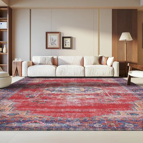 Vista 12 de SAFAVIEH Tucson Collection - Alfombra lavable de 2 pies 6 x 8 pies, color rojo y azul marino, antideslizante, ideal para zonas de alto tráfico