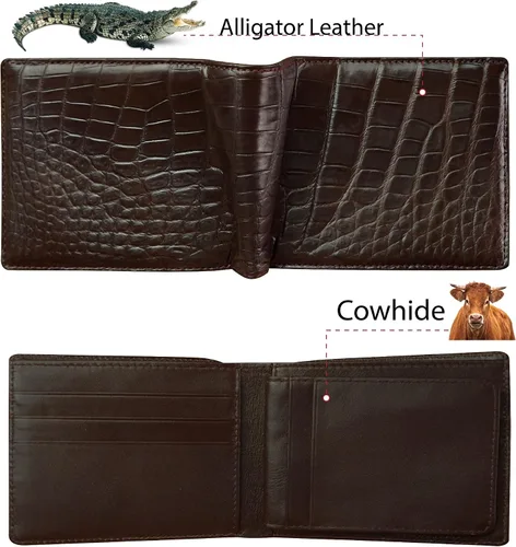 Vista 2 de HATA Cartera plegable de cocodrilo para hombre, hecha a mano para vientre o bocina con bloqueo RFID por vietnamita, Bifold-Dark Brown-Croc Belly