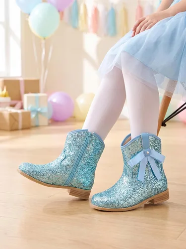 Vista 2 de Coutgo Botas vaqueras para niñas, botas de tacón bajo con purpurina, botas Azul