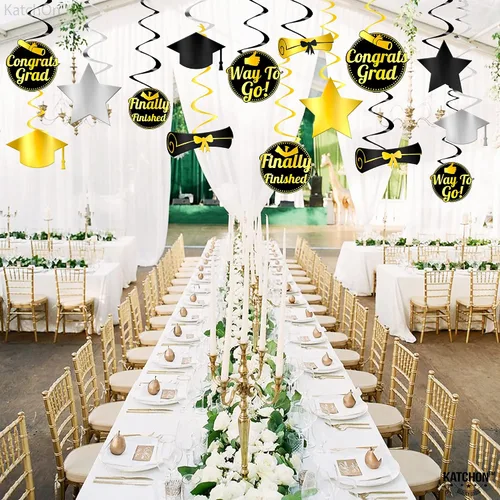Vista 7 de KatchOn, Decoraciones colgantes de graduación – Paquete de 30 Decoraciones de techo de graduación Decoraciones de graduación negras y doradas