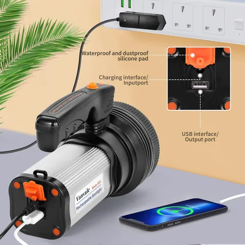 Vista 5 de Linterna Táctica LED Recargable de Mano con Mango Reflector de Alta Potencia Súper Brillante con Salida USB (Plateado)