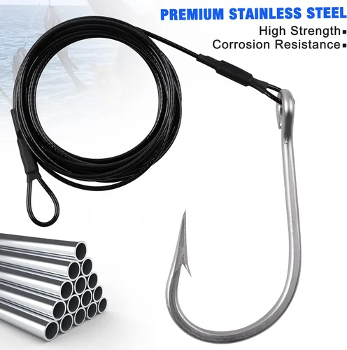 Vista 5 de Plataforma de tiburón de pesca, 2 unidades de aparejos de líder de pesca de surf con ganchos de atún y tiburón, cable de acero inoxidable, gancho