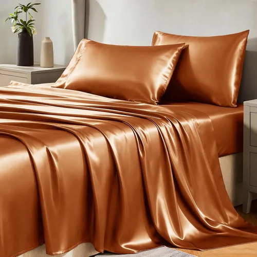 Vista 48 de Juego de sábanas de satén CozyLux de microfibra sedosa con bolsillo profundo, sábana bajera plana y fundas de almohada, suave y suave