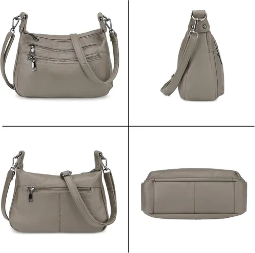 Vista 6 de YALUXE Bolso de hombro de cuero genuino, tamaño mediano, con múltiples bolsillos con cremallera, bolsos cruzados para mujer, color negro