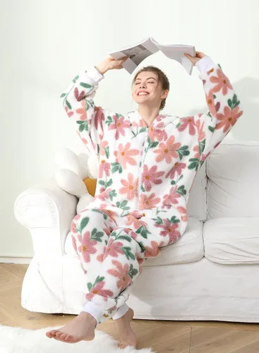 Vista 6 de Focupaja Pijama mullido con capucha para mujer, con cremallera, forro polar cálido, estampado de una pieza, ropa de dormir de invierno para Navidad