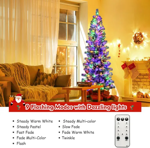 Vista 3 de DORTALA Árbol de Navidad artificial delgado preiluminado de 7.5 pies con copos de nieve, 693 puntas de rama, 300 luces LED blancas cálidas
