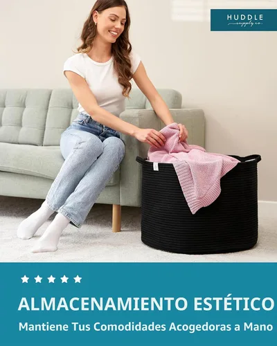 Vista 2 de XXXXL LAVABLE Cesta Grande Negra para Mantas Cesta para Sala de Estar 2 Piezas Cestas de Juguetes Almacenamiento Niños de Cuerda Tejida XXX Cesta