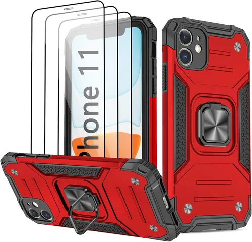 Vista 8 de Funda para iPhone 11, para iPhone 11 con 3 protectores de pantalla de vidrio templado, anillo magnético integrado de grado militar con soporte