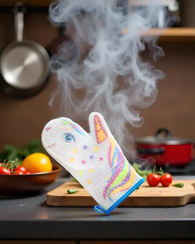Vista 5 de Guante de horno de silicona con diseño de unicornio mágico con purpurina, guantes de cocina resistentes al calor, silicona suave, forro de tela