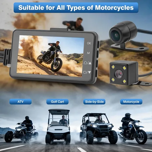 Vista 2 de Cámara de salpicadero de motocicleta con doble cámara de visión nocturna impermeable 1080P y pantalla de 3 pulgadas, grabadora de conducción
