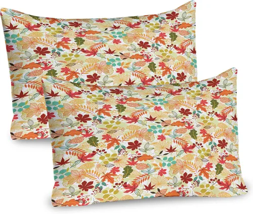 Vista 82 de Lunarable Juego de 2 fundas para almohada de otoño, tema vintage otoñal con estilo granja, ilustración de flores silvestres, artículo de cama