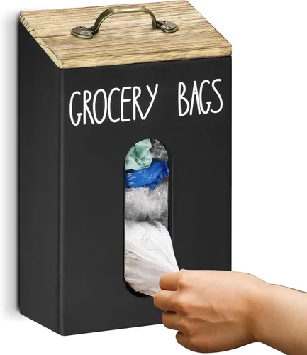 Vista 8 de Soporte para bolsas de comestibles de granja para cocina, soporte de bolsa de plástico de madera para reciclar bolsas de plástico, dispensador