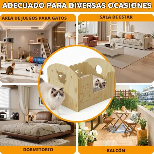 Vista 5 de Cama para gatos semicerrada de madera maciza con artesanía de tallado de dibujos animados, ahorro de espacio para apartamentos pequeños, estudios