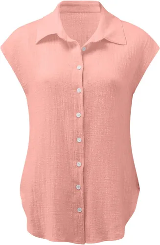Vista 39 de Ceboyel Camisas para mujer de moda de verano, algodón, lino, manga corta, cuello con botones, blusa casual para mujer 2023