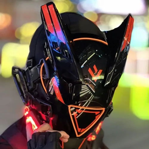 Vista 5 de Cyberpunk Máscara Mecha Casco futurista Techwear Halloween cosplay, máscara cibernética LED roja para hombres y mujeres