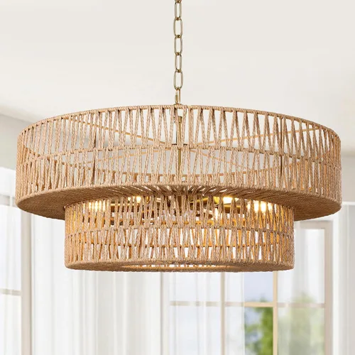 Vista 13 de LamQee Candelabros de Ratán Estilo Granja de 22 Pulgadas, Lámpara de Araña Boho de 5 Luces con Pantalla de Mimbre Tejida a Mano, Luces Colgantes