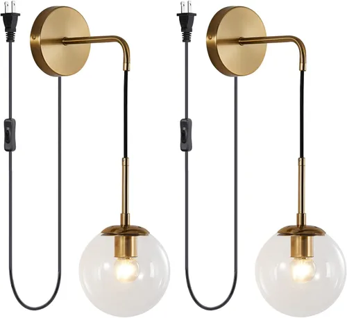 Vista 10 de KCO Lighting Juego de dos apliques de pared de vidrio blanco esmerilado con globo esférico dorado de latón, luz de pared con cable ajustable