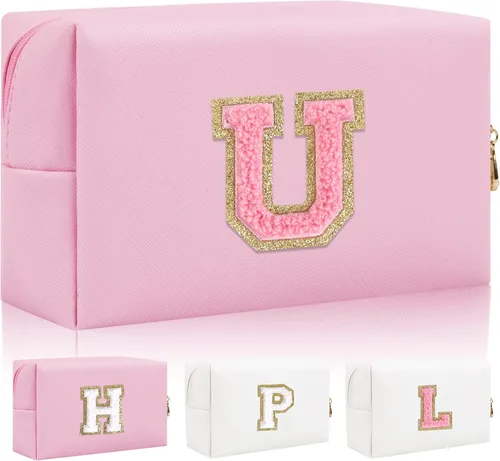 Vista 29 de Bolsa de maquillaje con parche de letra inicial personalizada, bolsa de cosméticos de chenilla preppy con letra de chenilla con cremallera, Y