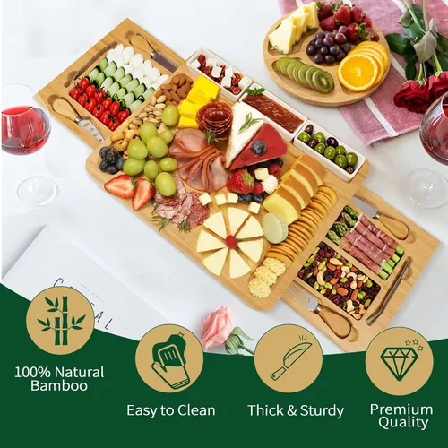 Vista 4 de YZS - Juego de tabla de charcutería, juego de tabla de queso y cuchillo con bandeja de queso, plato grande de bambú para queso y carne, regalo