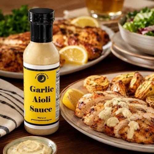 Vista 5 de Salsa de alioli de ajo Botella de 12 onzas líquidas con tapa de bloqueo de sabor Bajo en azúcar Fabricado en pequeños lotes Premium Salsa
