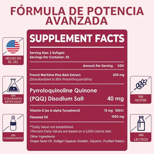 Vista 7 de Pycnogeno con PQQ, extracto de corteza de pino marítimo francés premium, 60 cápsulas blandas Doble entrega única para una máxima absorción