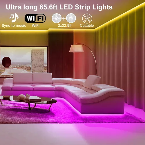 Vista 2 de VOLIVO - Tira de 5,050 luces led RGB, WiFi, 65.6 pies, compatible con Alexa y Google Home, cambia color, sincroniza música por voz, con aplicación