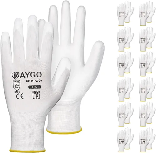 Vista 99 de KAYGO KG11PB - Guantes de trabajo de seguridad con revestimiento de poliuretano, 12 pares de guantes de punto sin costuras para hombres y mujeres
