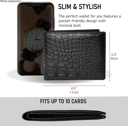 Vista 4 de HATA Cartera plegable de cocodrilo para hombre hecha a mano para vientre o bocina con bloqueo RFID por vietnamita Bifold-Black-Croc Belly Vintage
