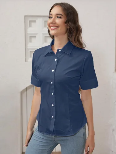 Vista 3 de SUNNOW Camisas de manga corta con botones para mujer, básicas, simples, elásticas, sin arrugas, blusas formales de trabajo
