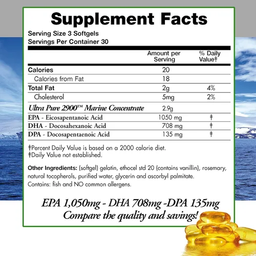 Vista 5 de Aceite de pescado Omega 3 DPA 2,900 miligramos de triple fuerza ultra puro concentrado, EPA-DPA-DHA, cápsulas blandas - 30 porciones