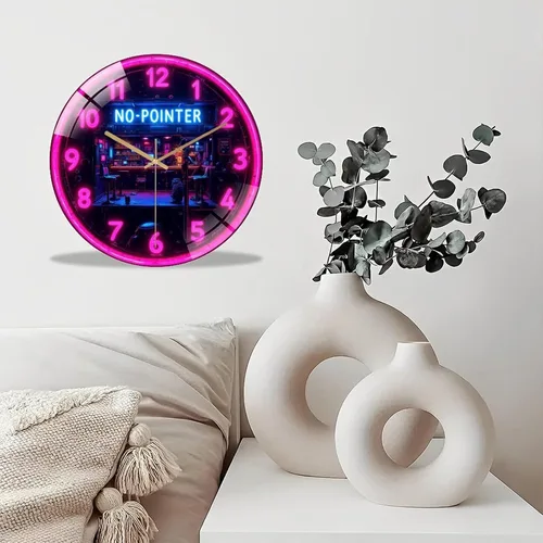 Vista 4 de 12-Inch Silent Tempered Glass Wall Clock, Neon Clock Bar Retro Cyberpunk Wall Clock ” Silent Non-Ticking Clock, Battery Operated