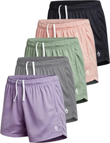 Vista 8 de Liberty Imports Paquete de 5 pantalones cortos deportivos de malla para mujer, entrepierna de 5 pulgadas, pantalones cortos sueltos con bolsillos