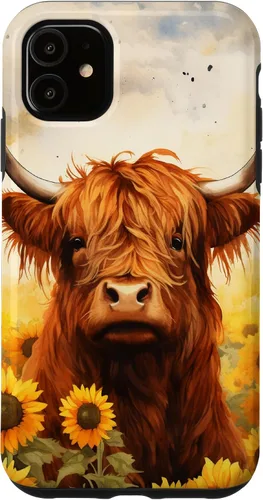 Vista 8 de Highland Cow Animal Lover Watercolor Sunflower Case for iPhone 17