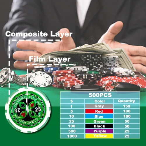 Vista 2 de THUNDERBAY Juego de 500 fichas de póquer compuesto de arcilla con estuche de aluminio, dos barajas de cartas, distribuidor y botón ciego y 5 dados