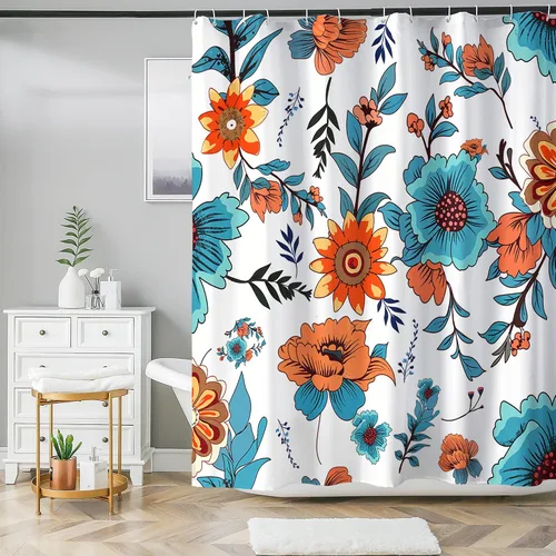 Vista 4 de Cortina de ducha bohemia, tela de poliéster repelente al agua con estampado floral bohemio para decoración de baño, 72 x 72 pulgadas