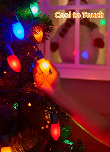 Vista 4 de Luces LED de Navidad vintage C9 para exteriores, cadena de 50 pies con 25 bombillas inastillables, impermeables, conectables, luces de árbol