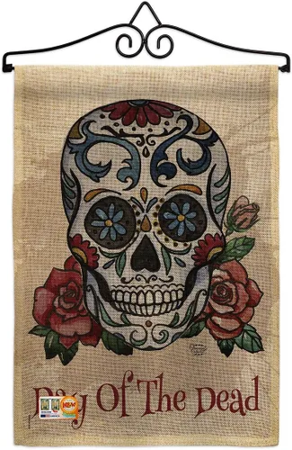 Vista 11 de Bandera de arpillera para jardín del Día de los Muertos, fiesta mexicana, otoño, pequeño regalo, decoración para patio, casa, de doble cara