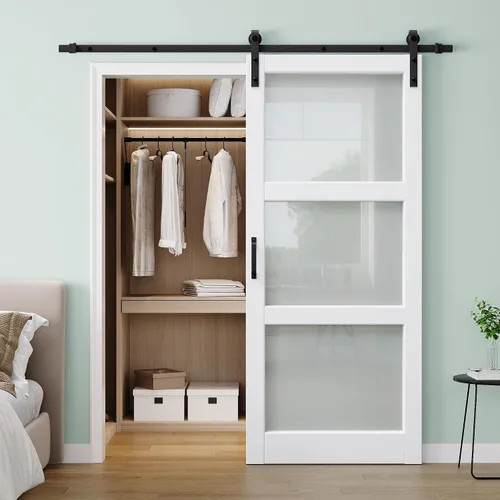Vista 30 de 30"x84" 1-Lite Double Side Mirror Barn Door Slab with 6FT Track Kit, Handle White / 1-Lite Double Side Mirror