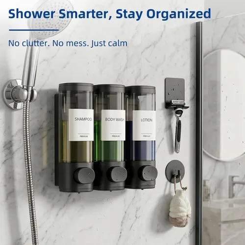 Vista 7 de GMISUN Shower Soap Dispenser Wall Mounted with Razor Holder & Loofah Hook Black
