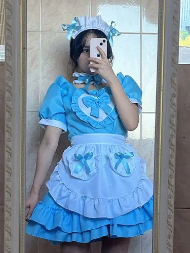 Vista 3 de Elibelle Disfraz de anime japonés clásico Sissy Maid Sweet Kawaii de corazón para cosplay, guantes peludos con orejas de gato