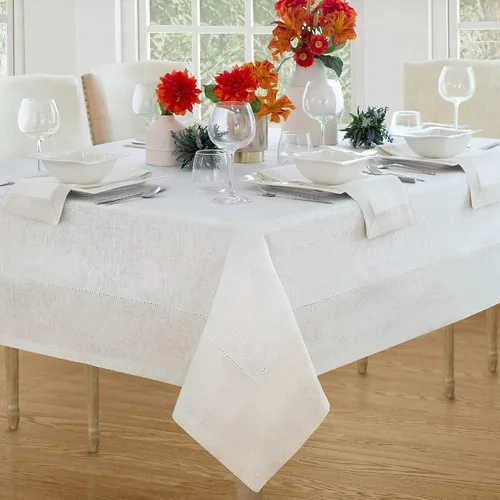 Vista 11 de Elrene Home Fashions Villeroy and Boch New Wave - Mantel de tela de lino con borde metálico, redondo, 90 pulgadas, blanco/plateado